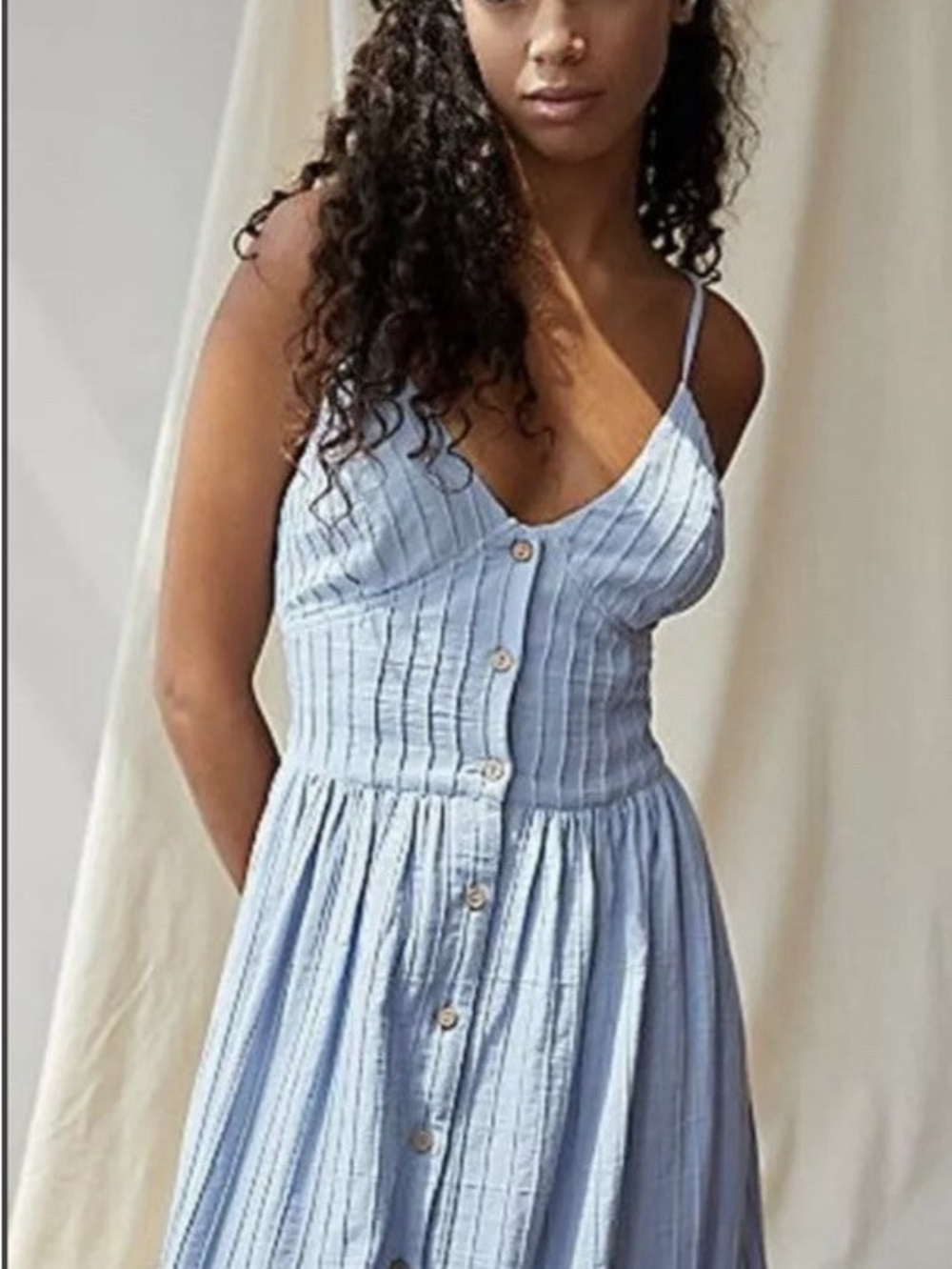 Free People Light Blue Ribbed Button-Front Midi Dress